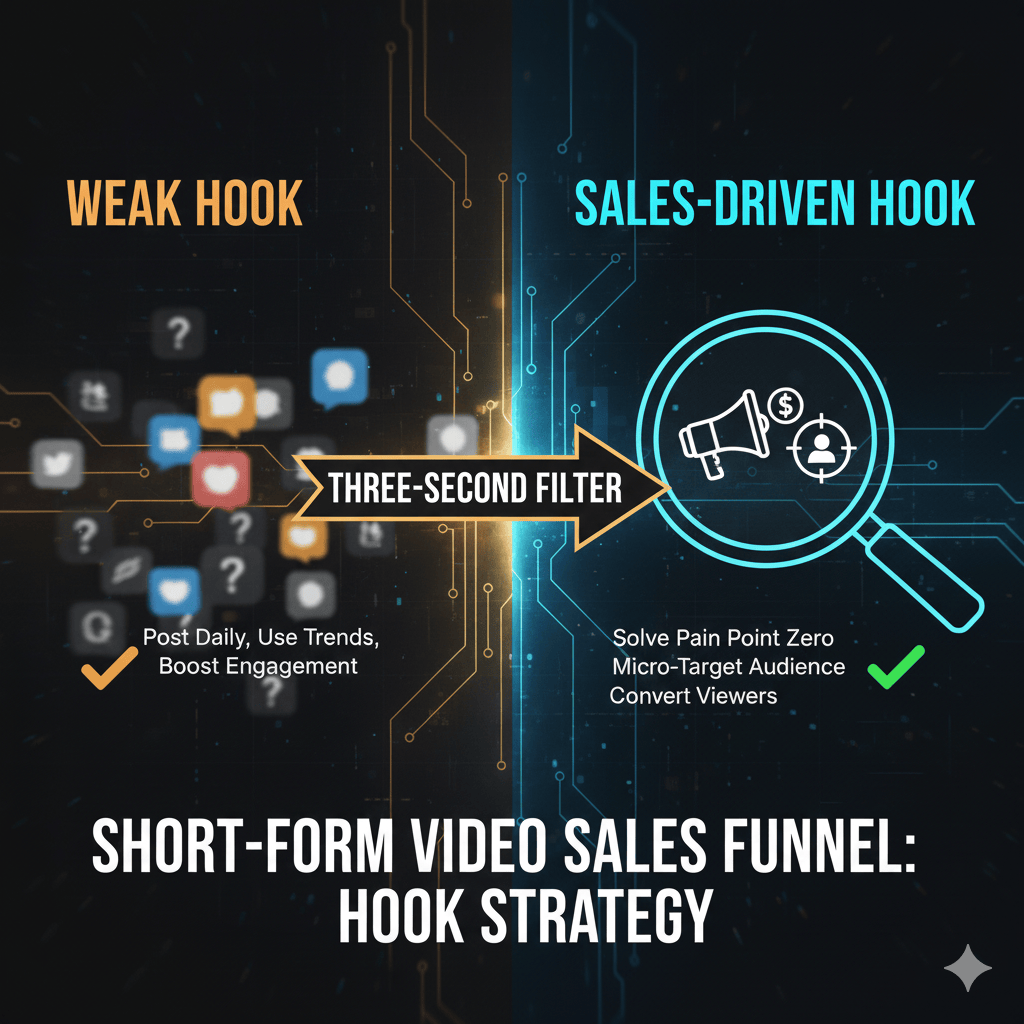 Visual demonstrating the difference between a weak hook and a sales-driven hook for Short-Form Video Sales Funnel.