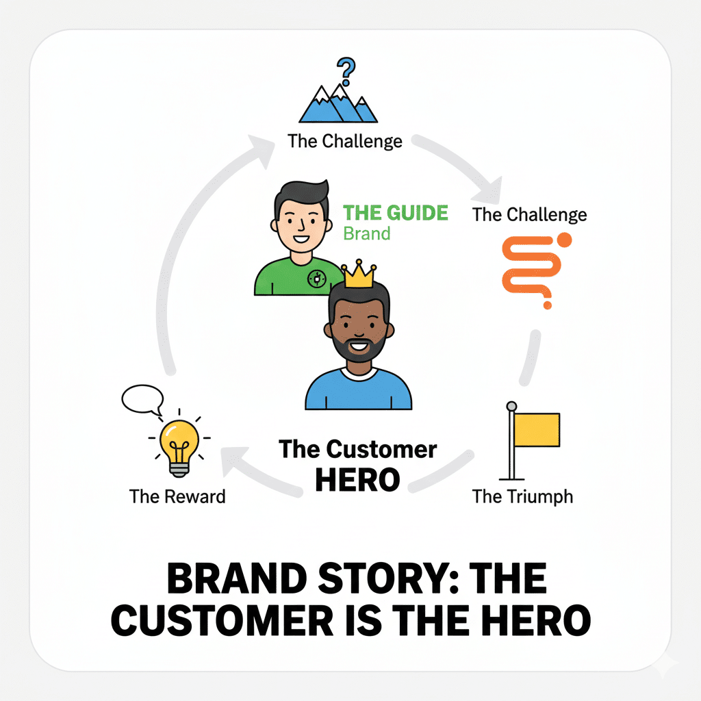 Diagram showing the customer as the hero, illustrating the core principle of effective brand storytelling.