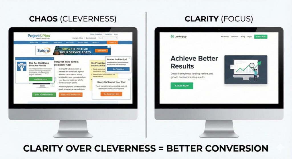 Comparison of chaotic vs. clear landing pages for Conversion Rate Optimization (CRO)