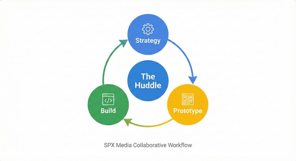 Diagram of the SPX Media collaborative workflow for building a high-impact digital experience.