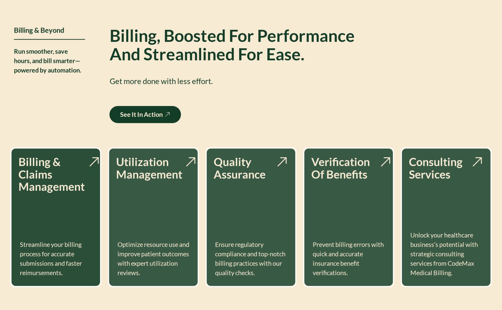 Billing, boosted for performance: the five service cards on antique white