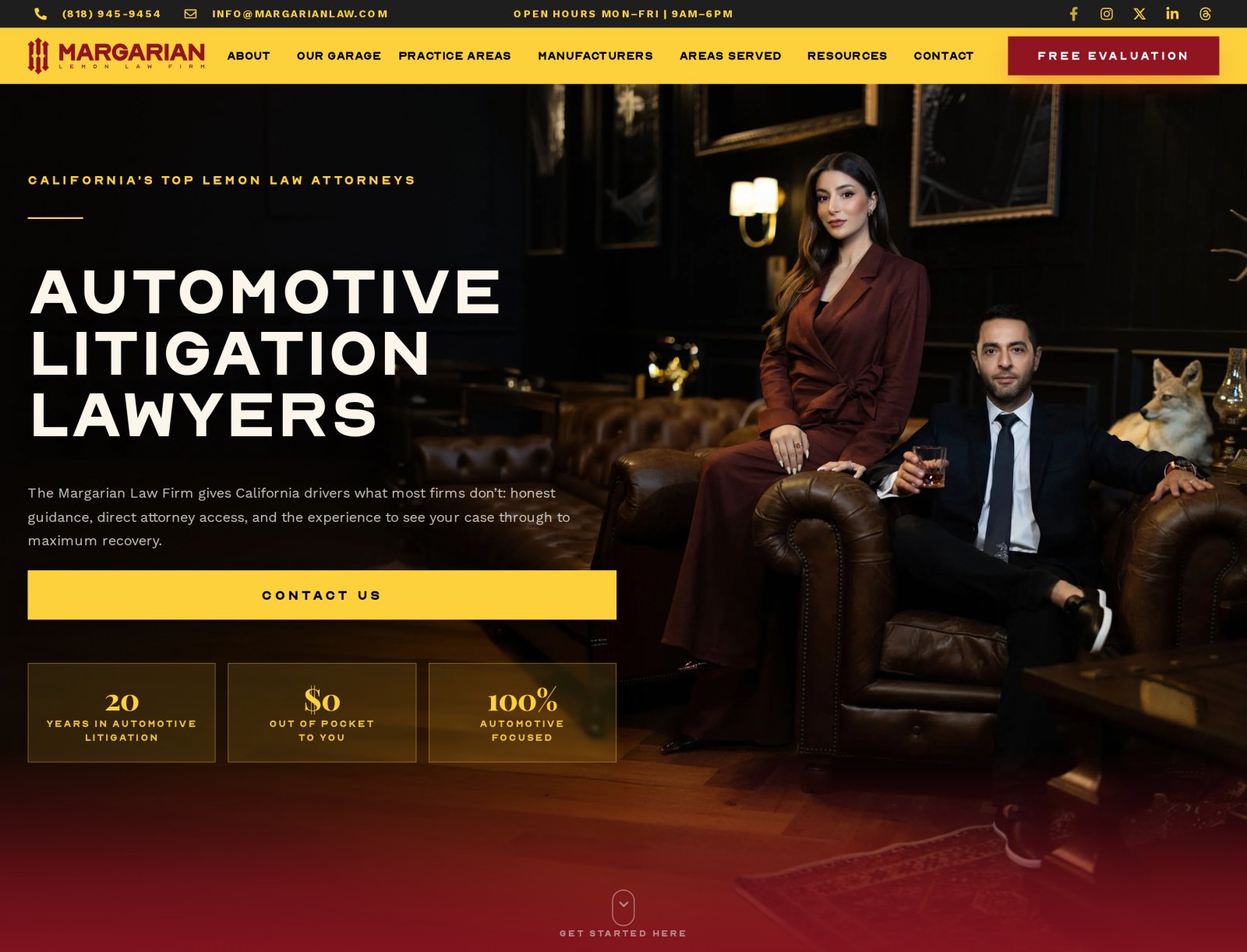 The margarianlaw.com hero: the attorneys in their own library, gold headline on a dark ground