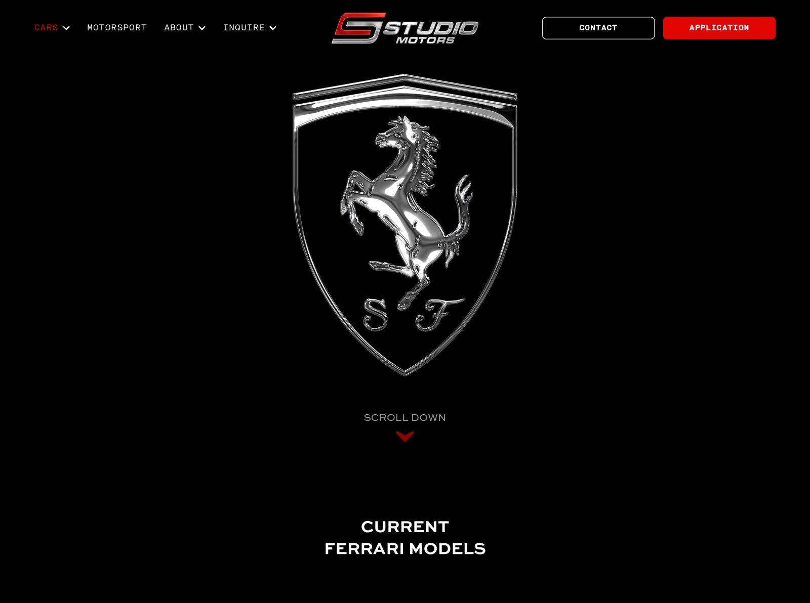 The Ferrari page on studiomotors.com: the chrome shield on black, then Current Ferrari Models