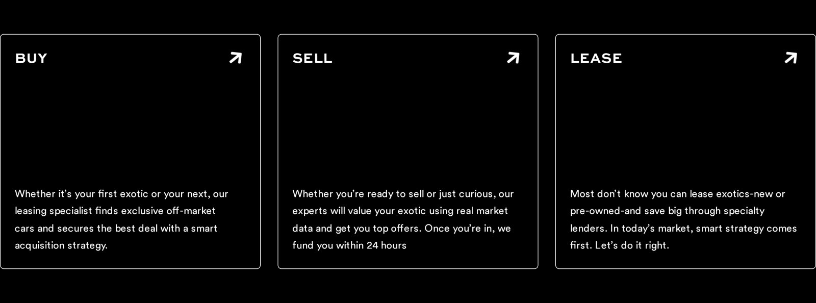 The three paths on studiomotors.com: Buy, Sell and Lease, each a short form