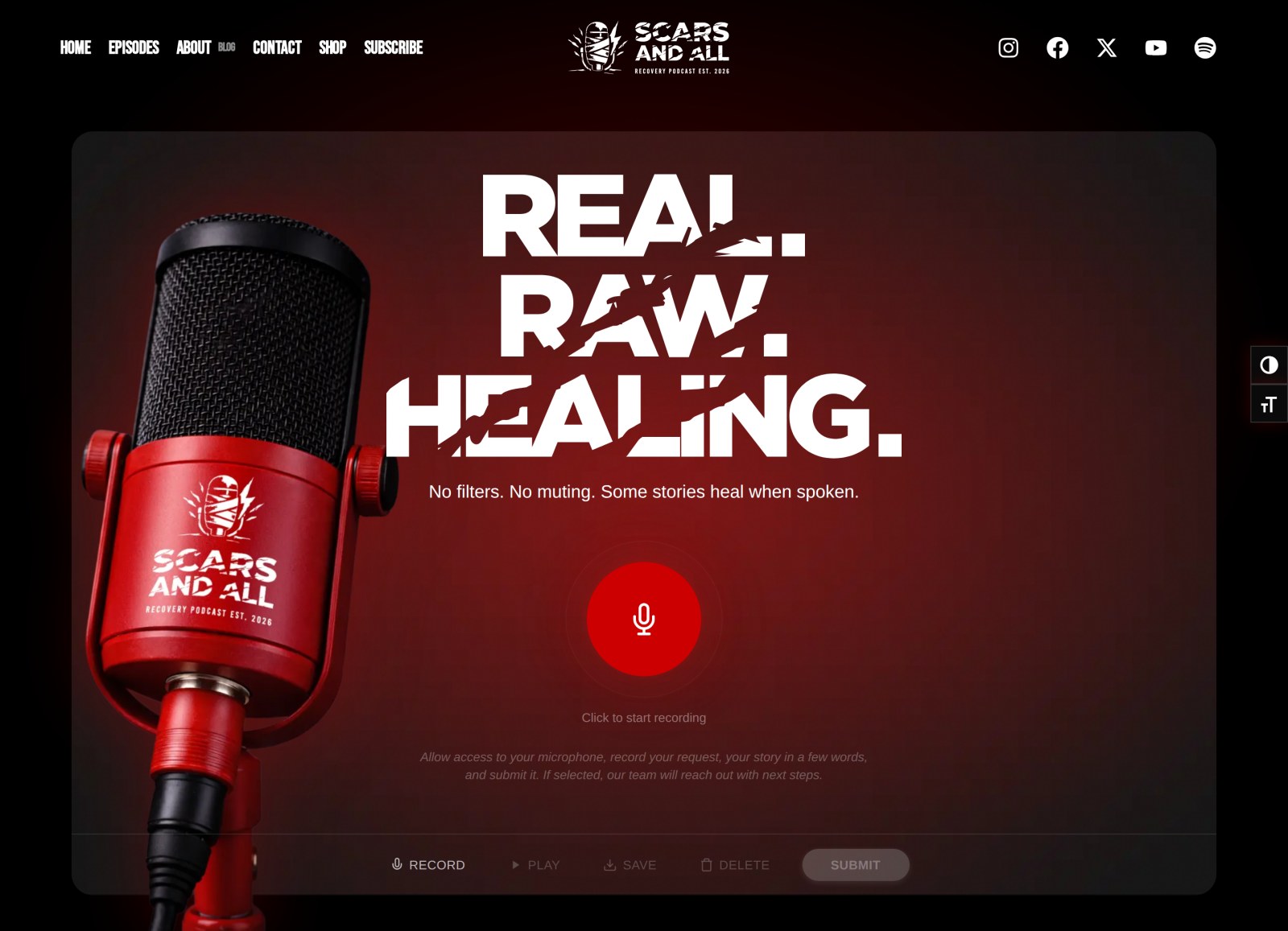 The scarsnall.com homepage: Real. Raw. Healing. beside the red microphone, with the recorder